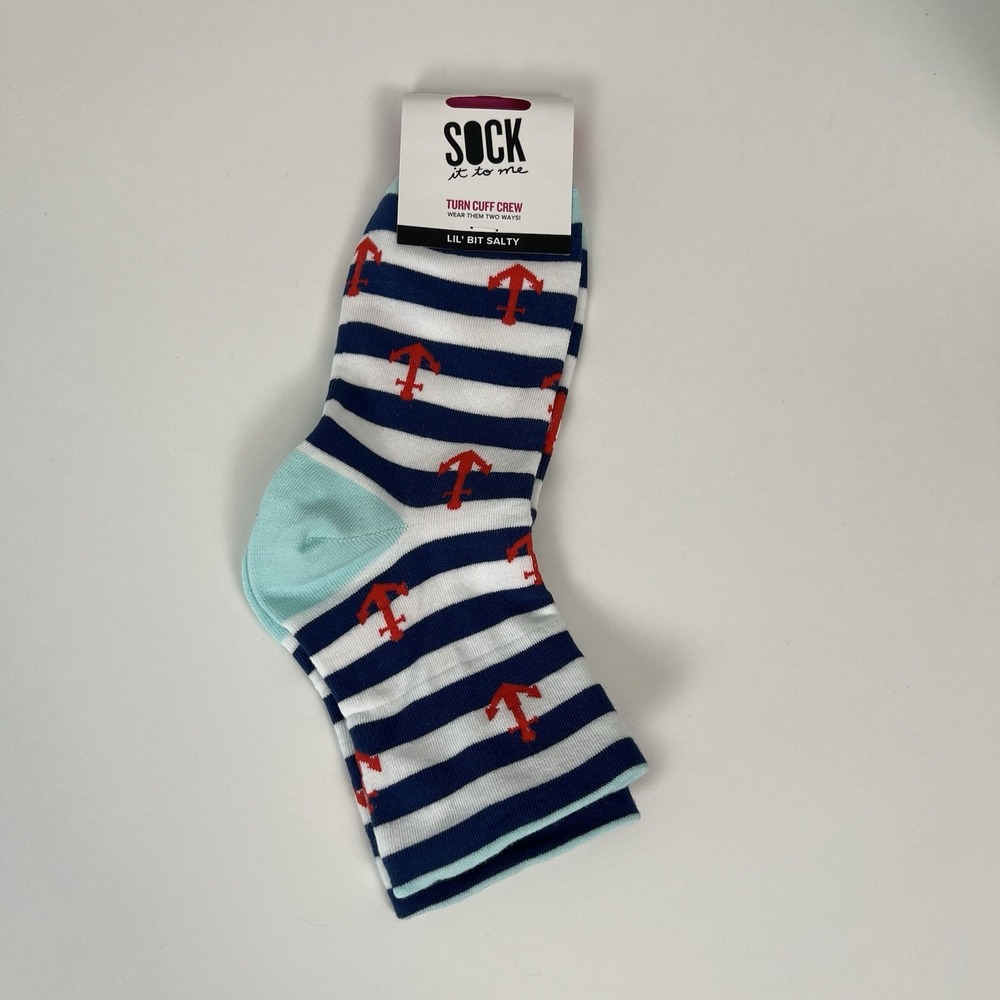 Sock it to me -Lil bit salty- turn‎ cuff crew  women's US shoe 5-10 Nautical cat